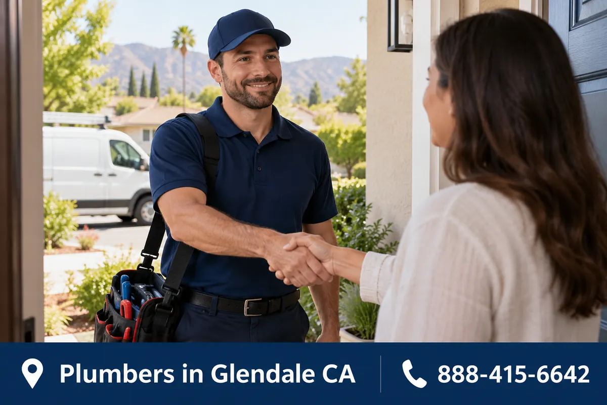 Plumbing contractor talking with a Glendale homeowner at the front door