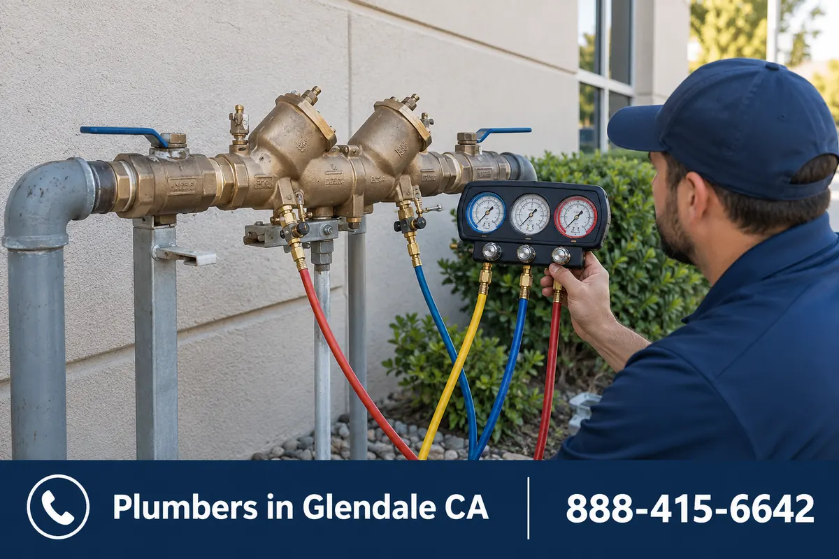 Certified tester connecting a backflow test kit to a backflow preventer outside a Glendale business