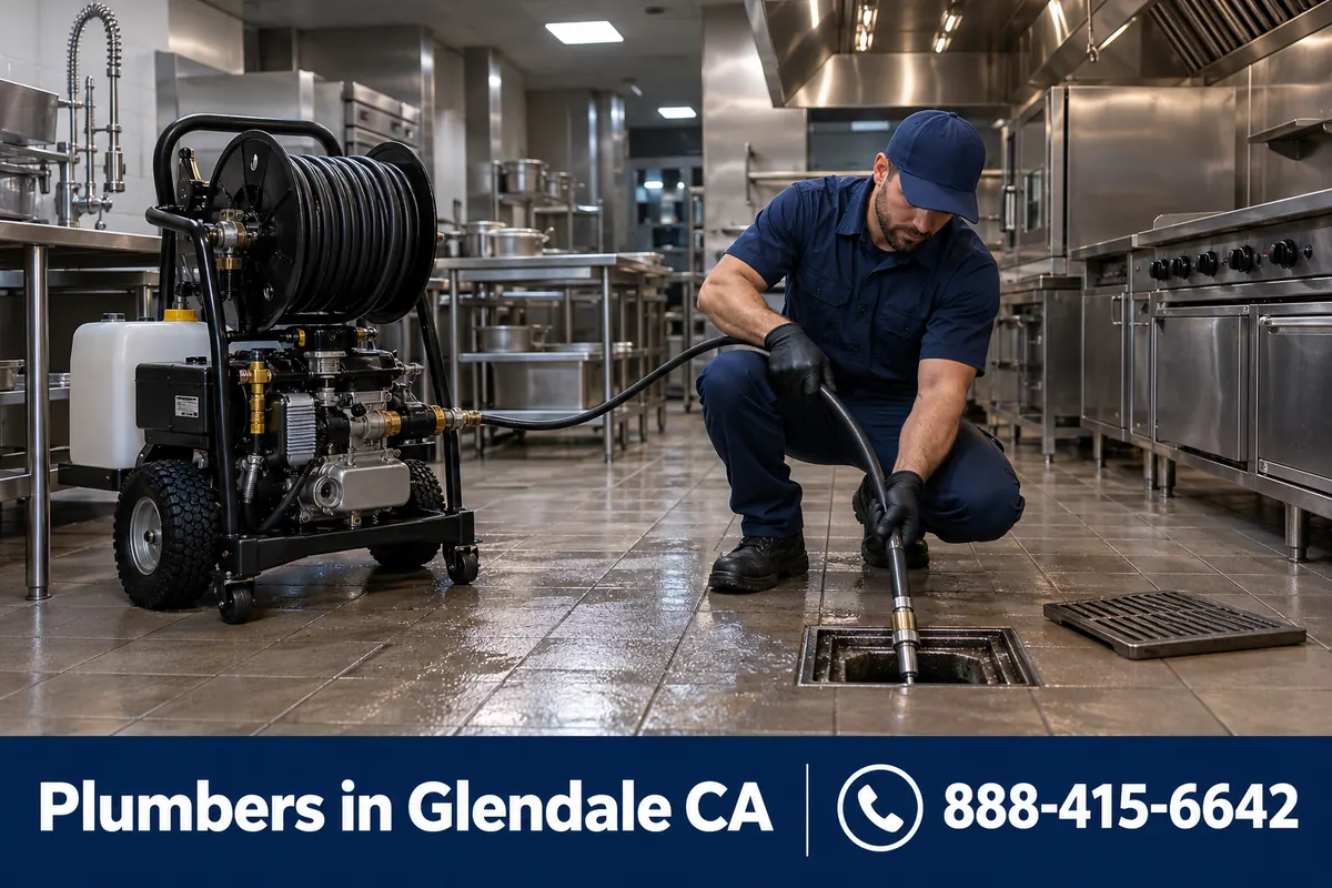 Commercial plumber hydro jetting a restaurant kitchen drain line in Glendale