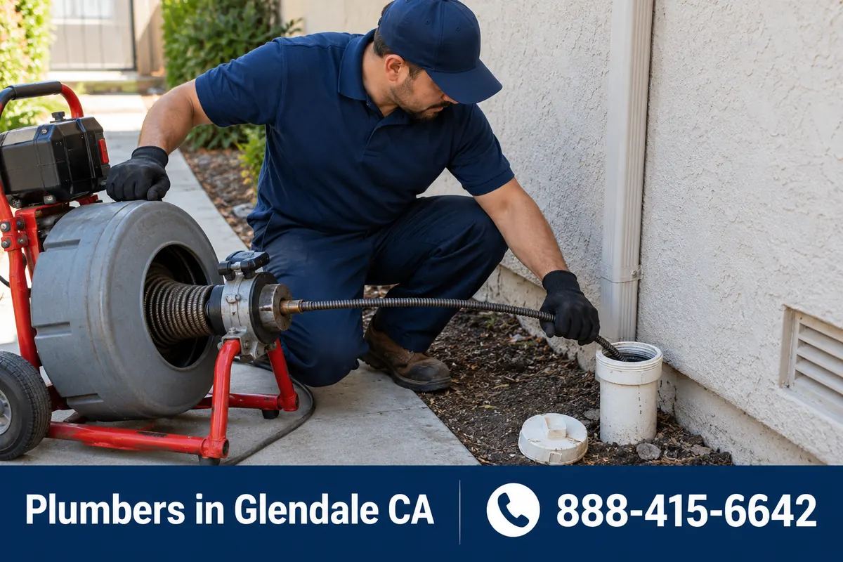 Plumber running a drain cleaning machine through an outdoor sewer cleanout in Glendale