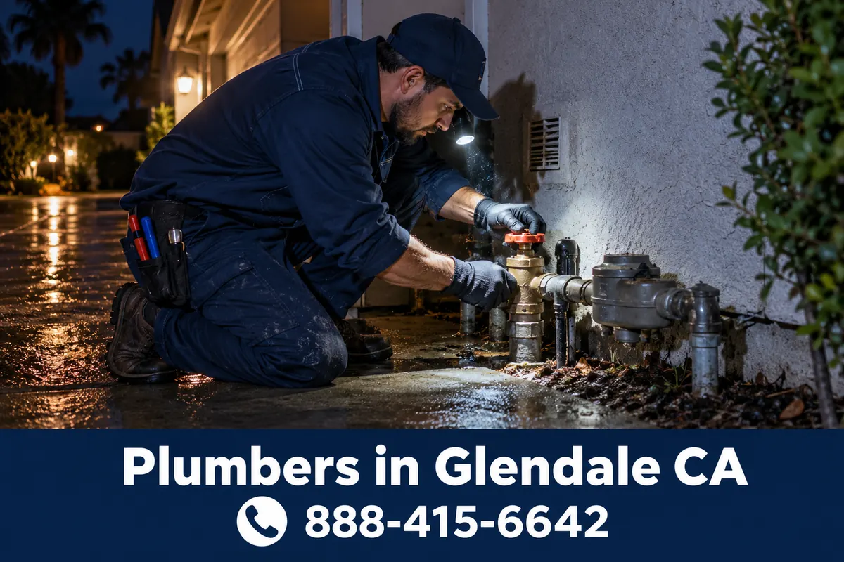 Plumber shutting off a main water valve during a late-night emergency call in Glendale, CA
