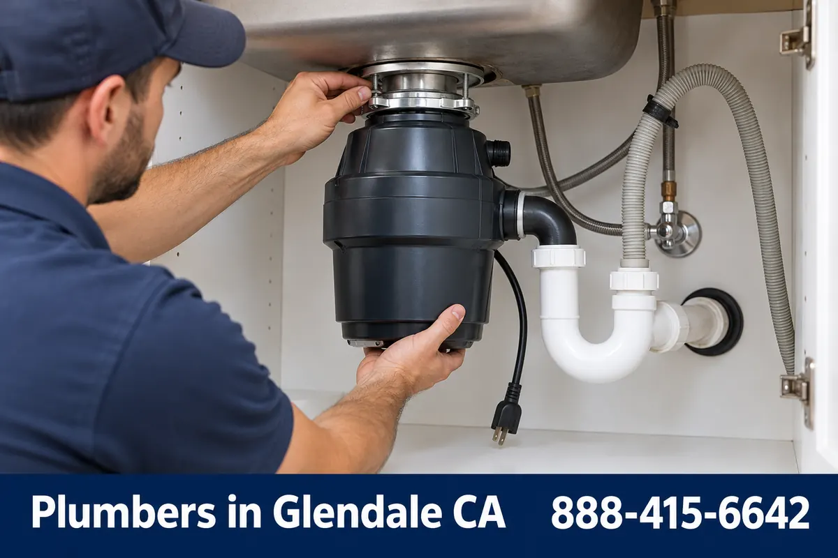 Plumber installing a new garbage disposal under a kitchen sink in Glendale, CA