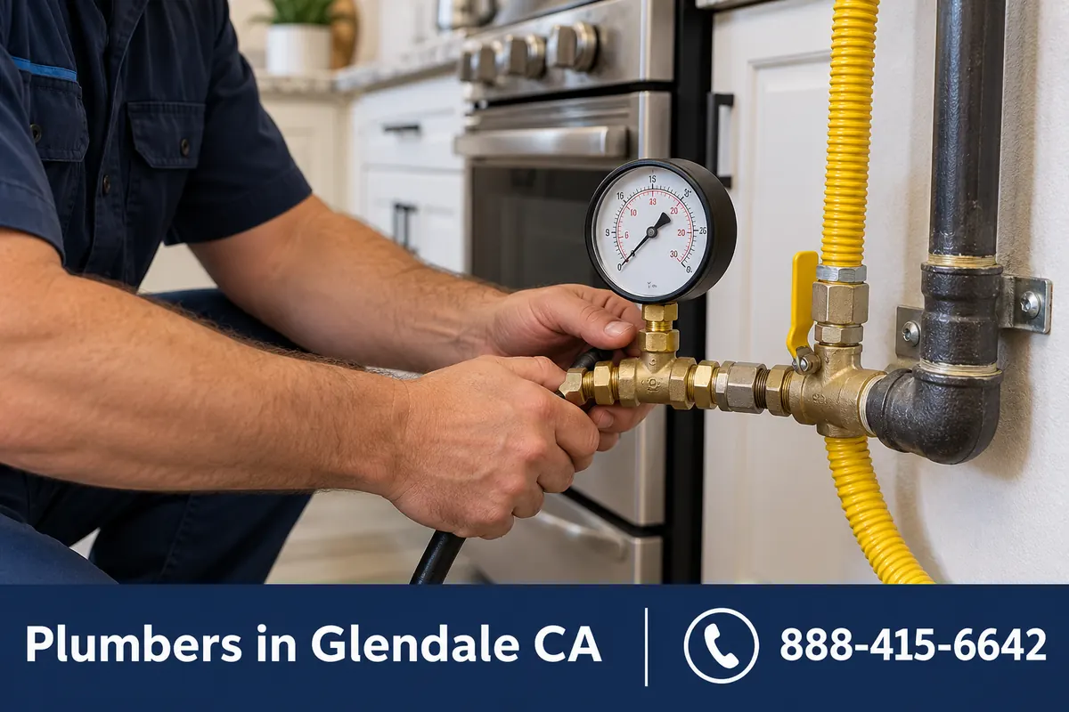 Plumber pressure-testing a new yellow gas line connection behind a kitchen range
