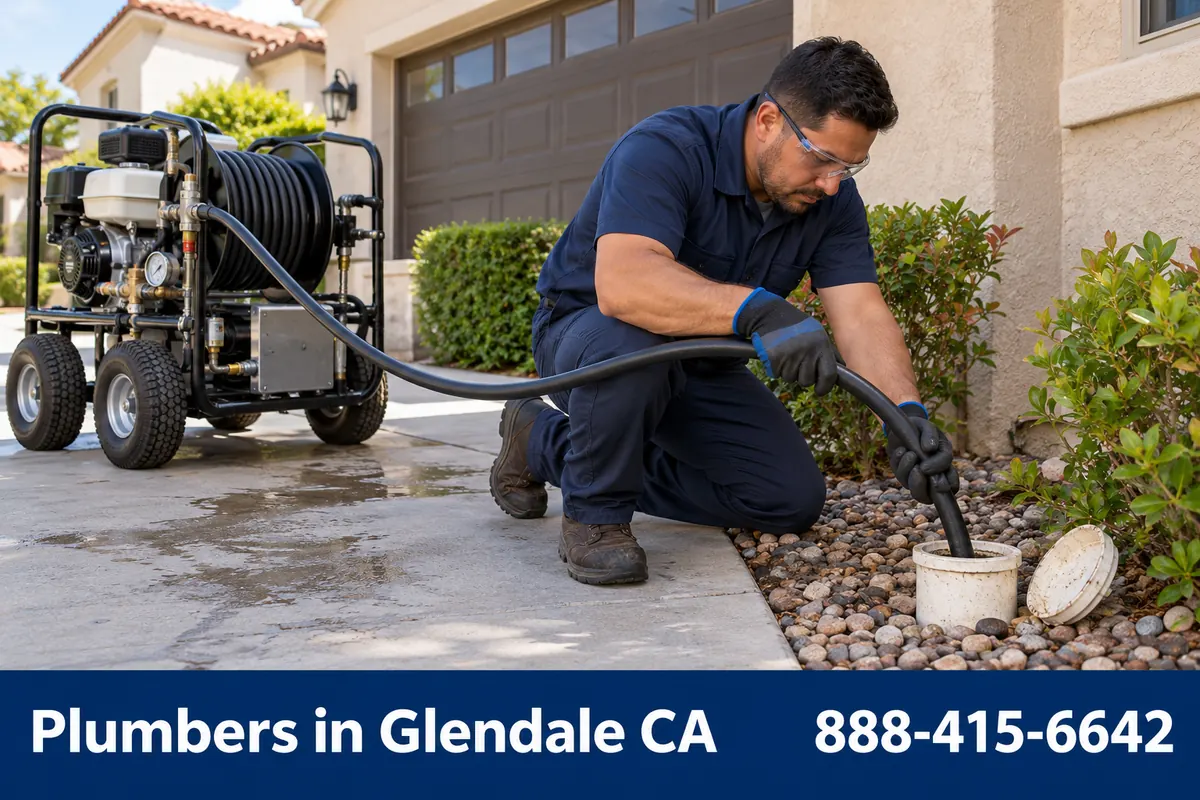 Plumber hydro jetting a sewer line through an outdoor cleanout at a Glendale home