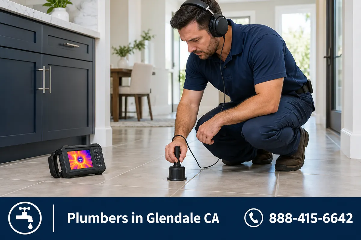 Plumber using acoustic leak detection equipment on a living room floor in Glendale