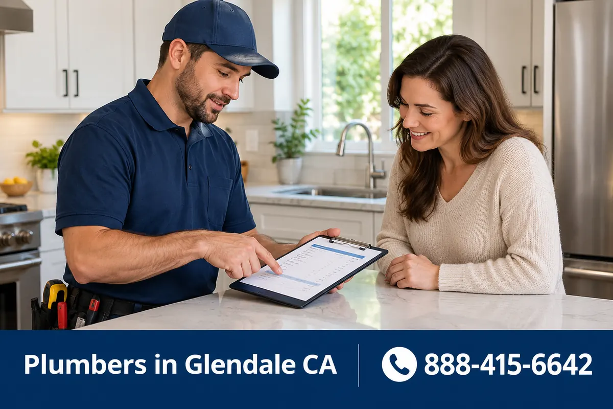 Plumber handing a homeowner an itemized written quote in Glendale, CA