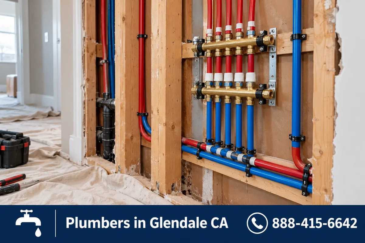 New PEX water lines installed through open wall framing during a whole house repipe