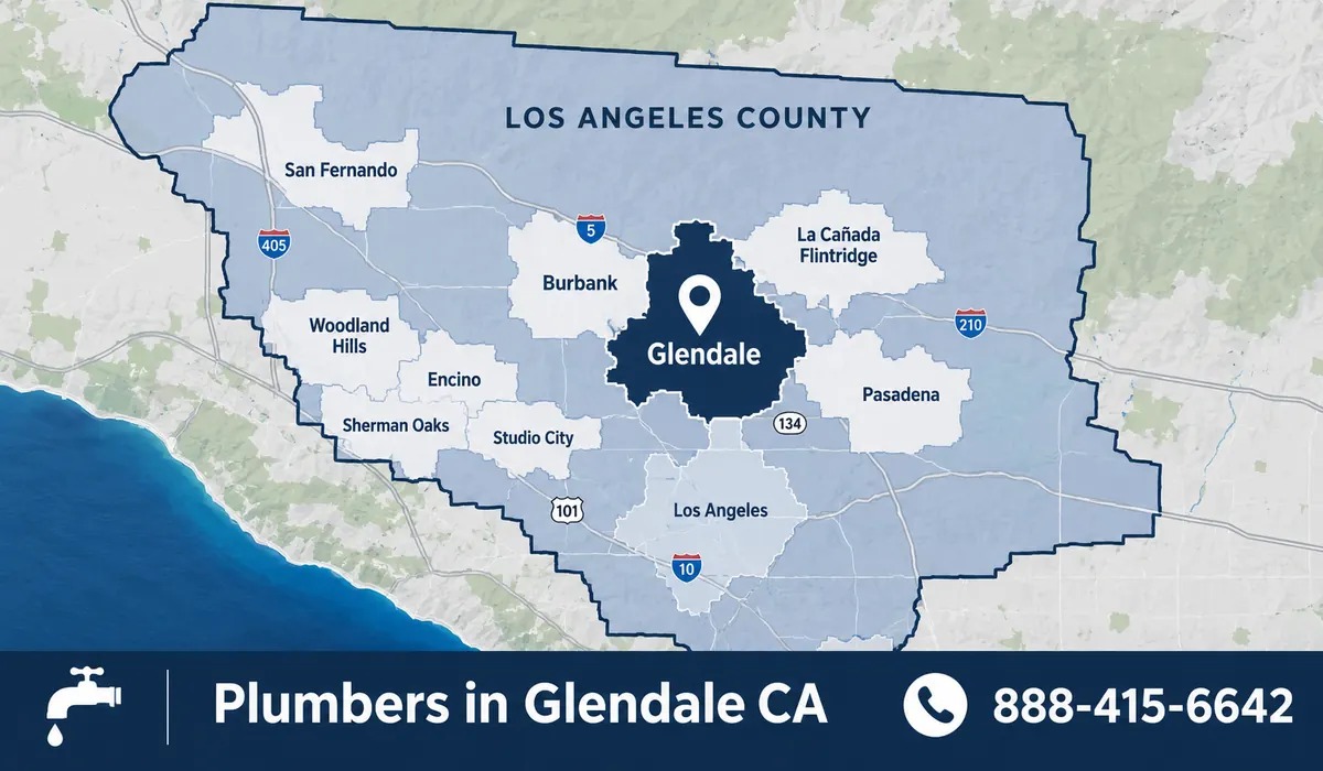 Map of the Plumbers in Glendale CA service area across Los Angeles County
