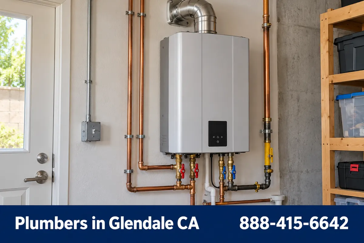 Wall-mounted tankless water heater installed with isolation valves in a Glendale home