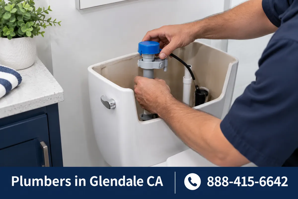Plumber replacing the fill valve inside a toilet tank in a Glendale bathroom