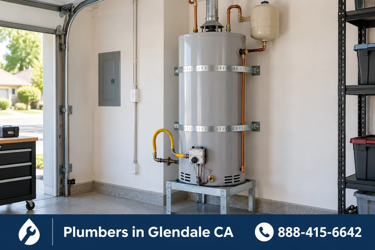 New gas tank water heater with seismic straps installed in a Glendale garage