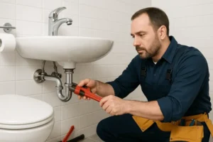 local plumber repairing bathroom sink plumbing in LA county home